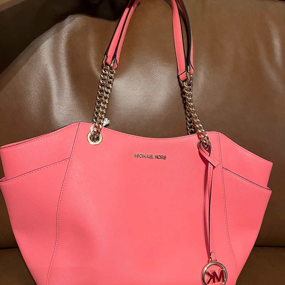 Michael Kors Jet Set Large Coral Tote with Gold Accents